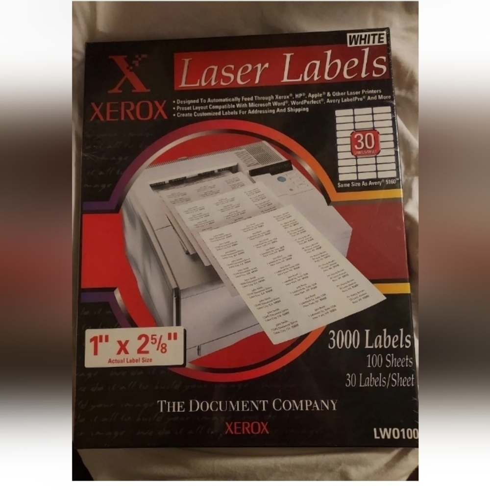 XEROX Laser Labels 1” x 2-5/8” White - LWO100 - 3000 Labels - New And Sealed!